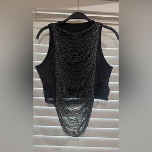 SHEIN Black Embellished Tiered Halter Crop Top